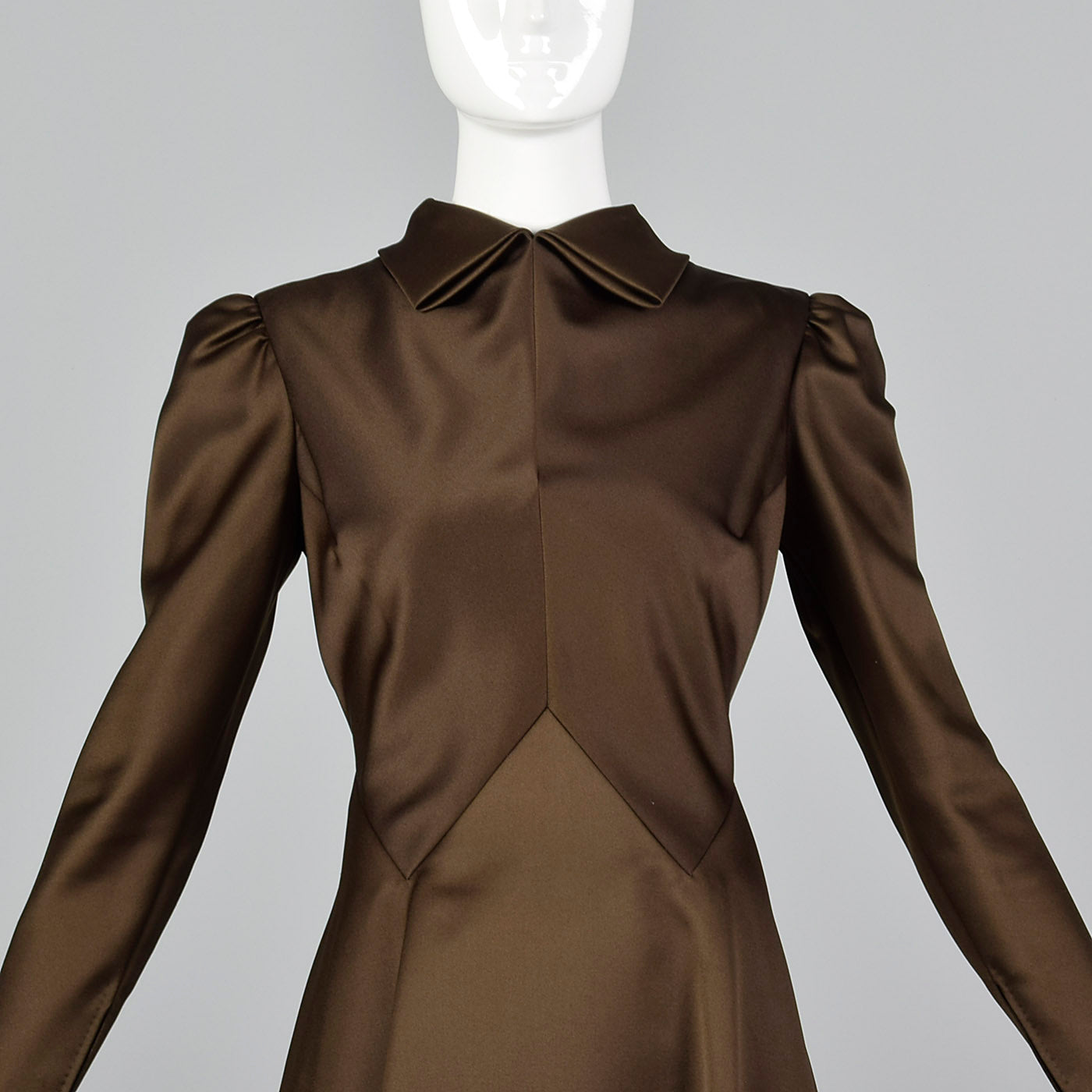 1970s Pauline Trigere Brown Satin Dress