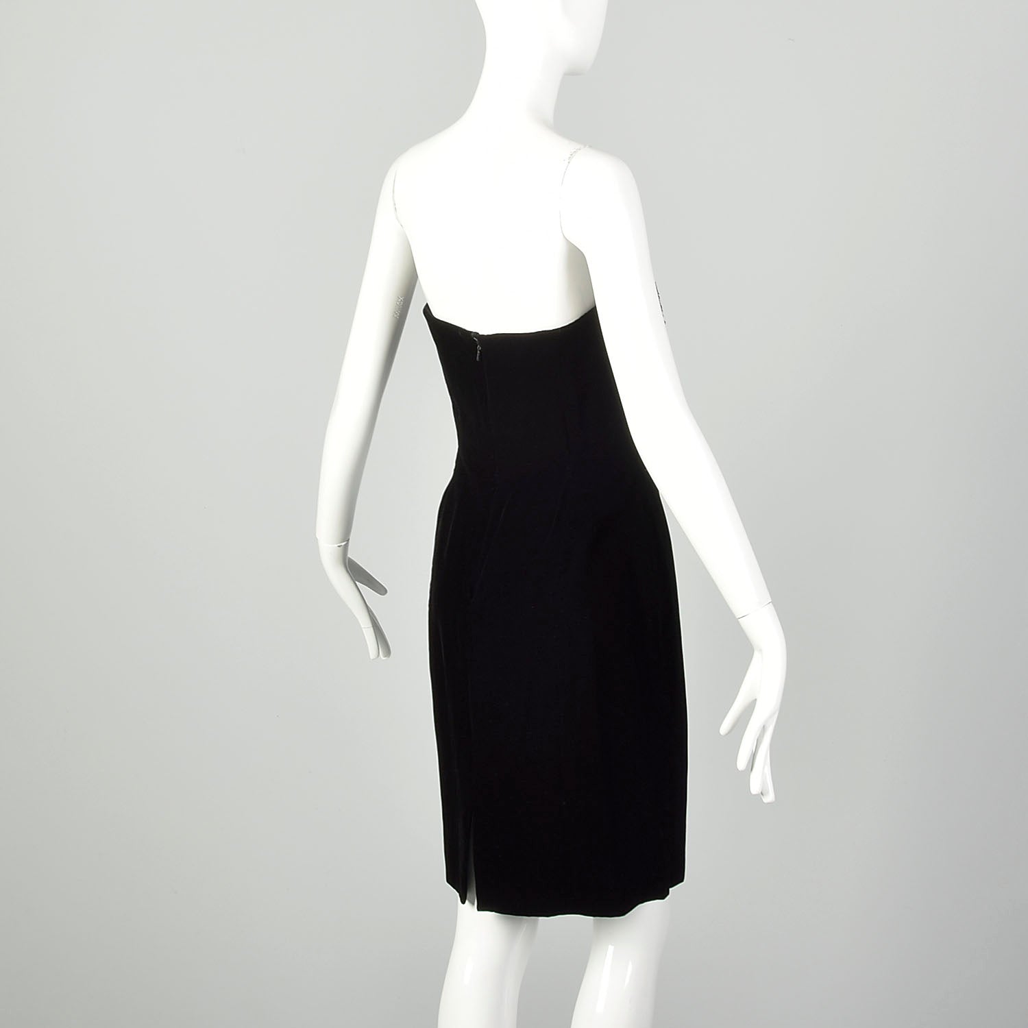 Large 1990s Oleg Cassini Black Tie Dress Velvet Beaded Strapless Cocktail Mini
