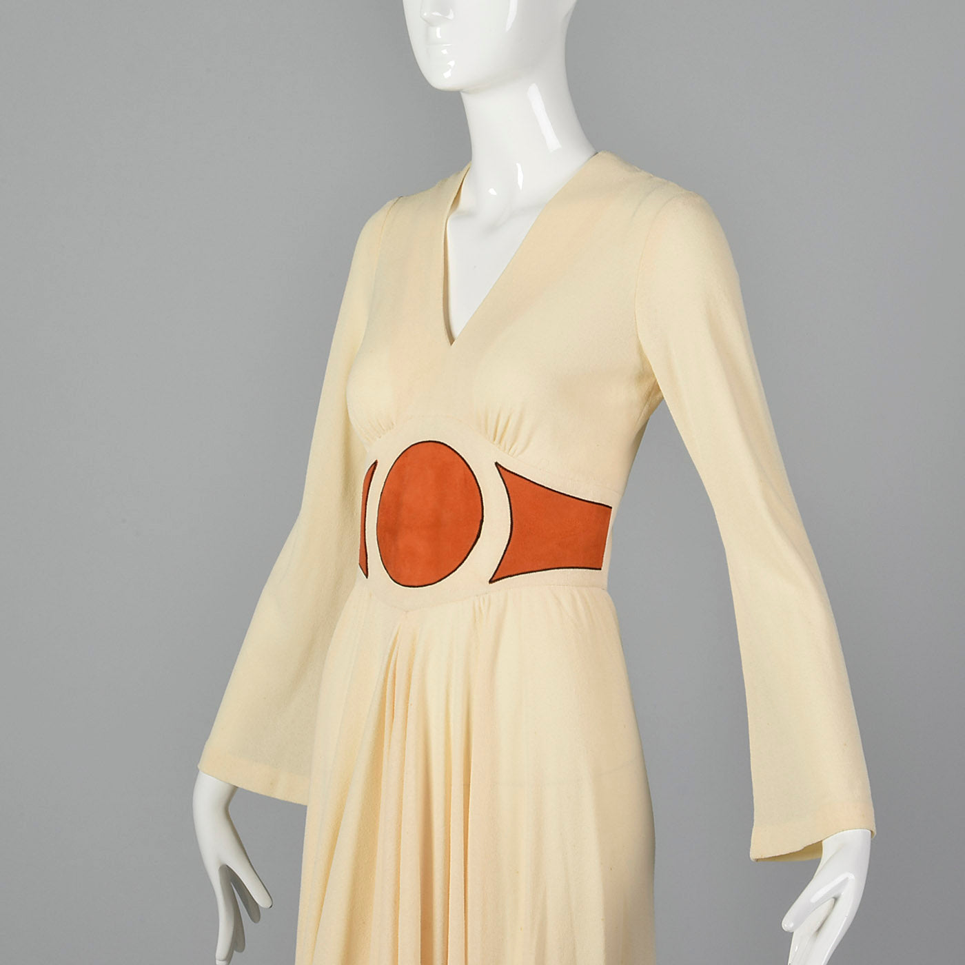 1970s Asymmetric Cream Dress with Suede Applique