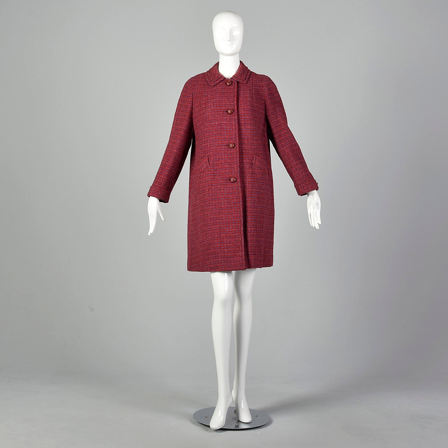 Medium 1960s Red and Blue Scottish Wool Tweed Coat