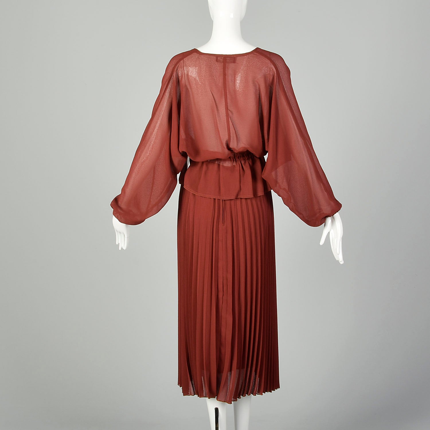 Small Rust Separates 1970s Sheer Blouse Pleated Skirt Low Cut Deep V Neckline Bohemian Set