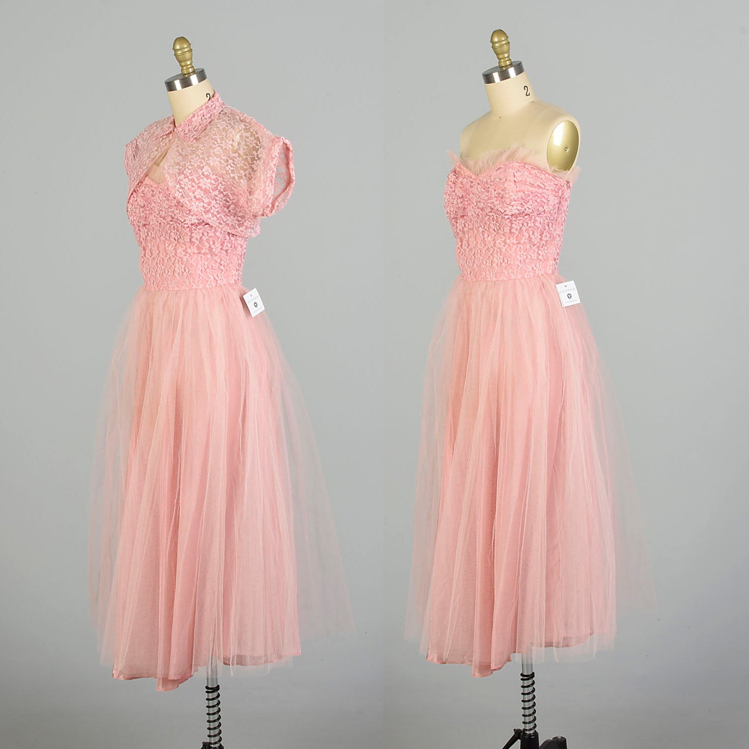 Small 1950s Strapless 2pc Set Pink Lace Tulle Evening Party Prom Dress