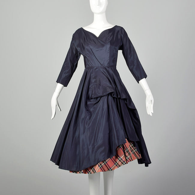 XS 1950s Navy Blue Taffeta Dress with Tartan Underskirt