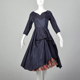 XS 1950s Navy Blue Taffeta Dress with Tartan Underskirt