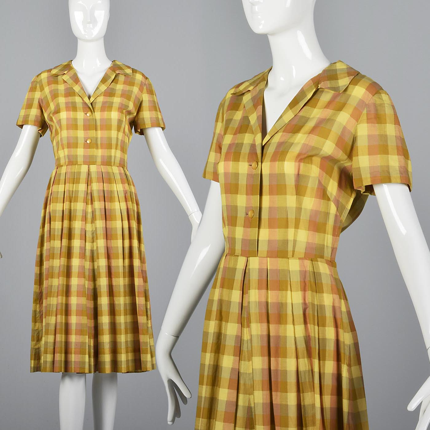 1950s Yellow Plaid Cotton Day Dress