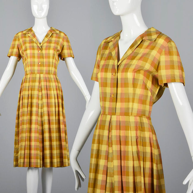 1950s Yellow Plaid Cotton Day Dress
