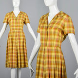 1950s Yellow Plaid Cotton Day Dress