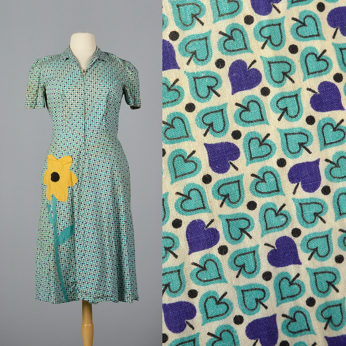 1950s Cotton Day Dress with Novelty Flower Pocket