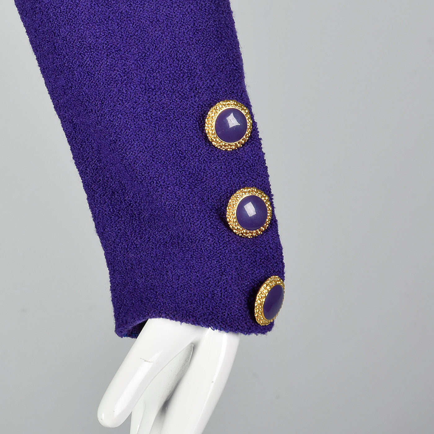 1980s St John Purple Knit Dress with Shoulder Pads and Gold Button Front