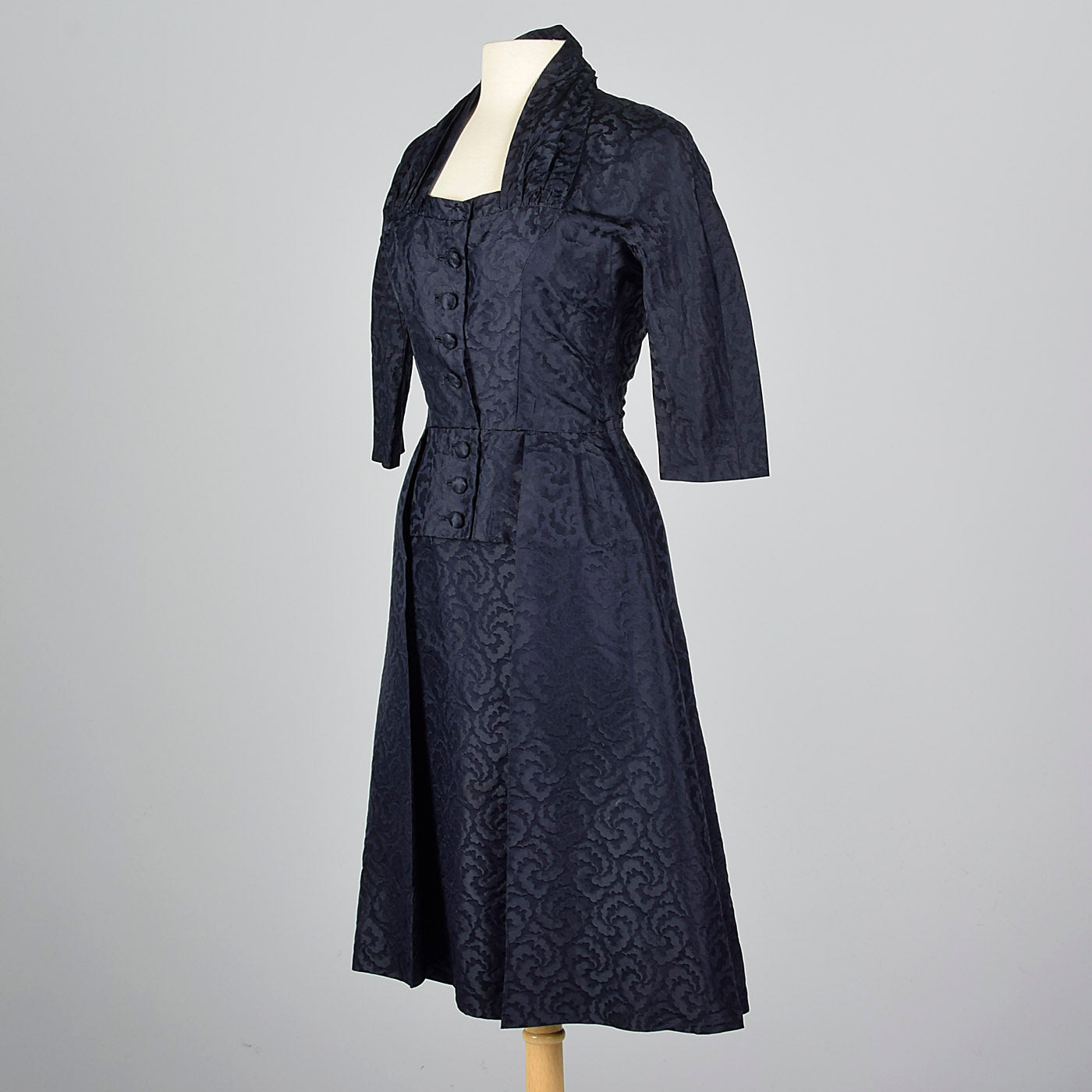 1950s Pierre Balmain Navy Blue Silk Damask Cocktail Dress