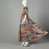 XS Maxi Dress 1970s Tie Back Waist Flowy Novelty Print