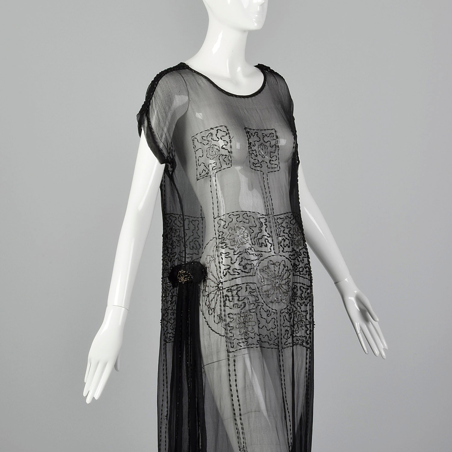 1920s Beaded Sheer Black Dress with Hip Sashes