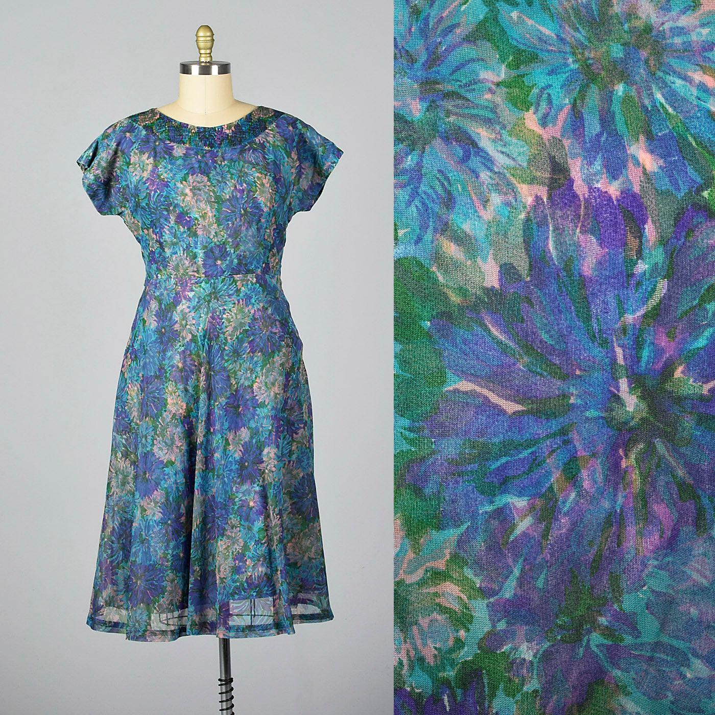 1950s Blue Floral Print Dress with Chiffon Overlay