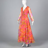 1970s Pink Floral Long Sleeve Maxi Dress
