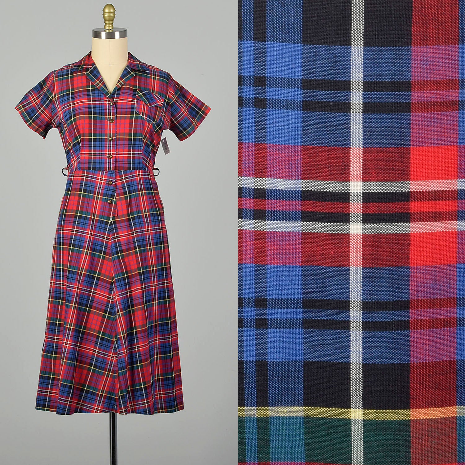 XL 1950s Red Plaid Day Dress Short Sleeve Collared Summer Shirtwaist