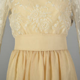 Small 1970s William Pearson Dress Cream Lace Bell Sleeve Bohemian Bridal Wedding