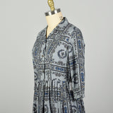 Large 1950s Day Dress Grey Novelty Block Print Cotton Summer