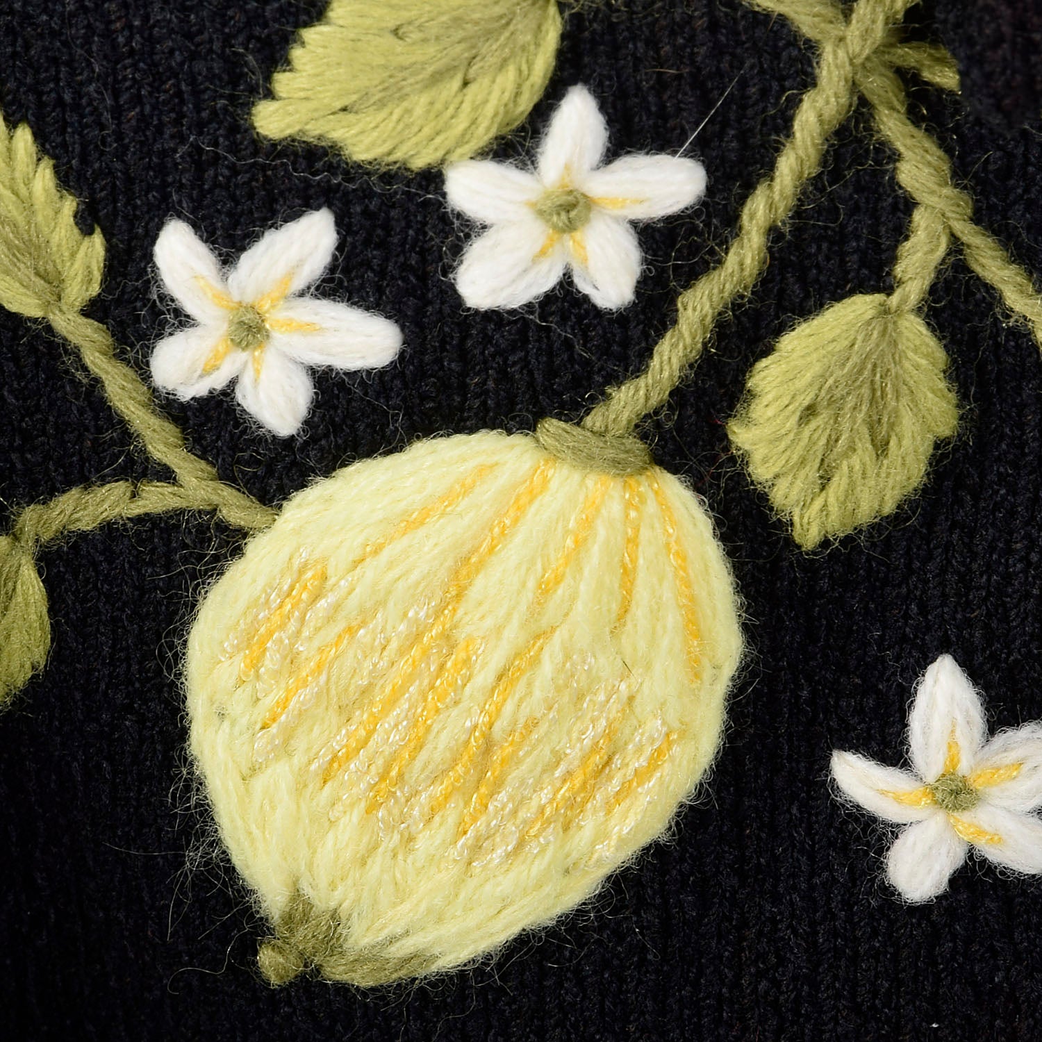 Medium 1970s Black Dress Yellow Floral Embroidery Long Sleeve Tie Waist Knit