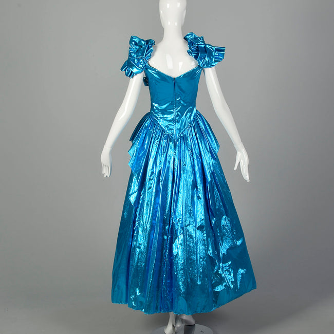 1980s Electric Blue Lame Prom Dress Full Length Formal Evening Gown Sequin Bodice