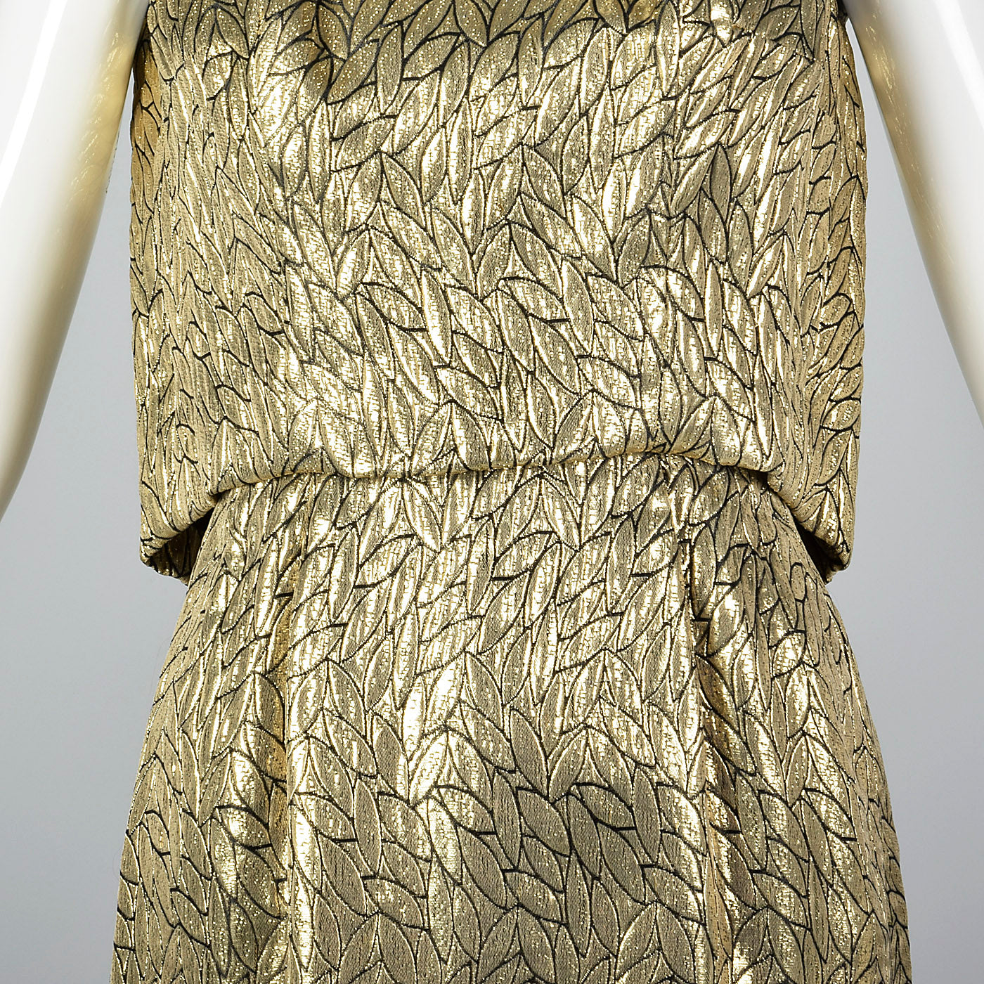 1960s Metallic Gold Dress with Leaf Style Pattern