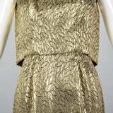 1960s Metallic Gold Dress with Leaf Style Pattern