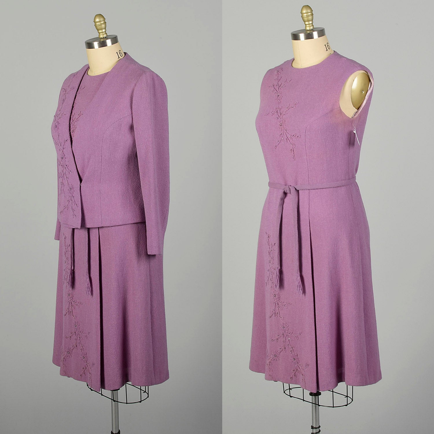 XL 1960s Set Purple Tweed Autumn Jacket Lilac Day Dress Ensemble