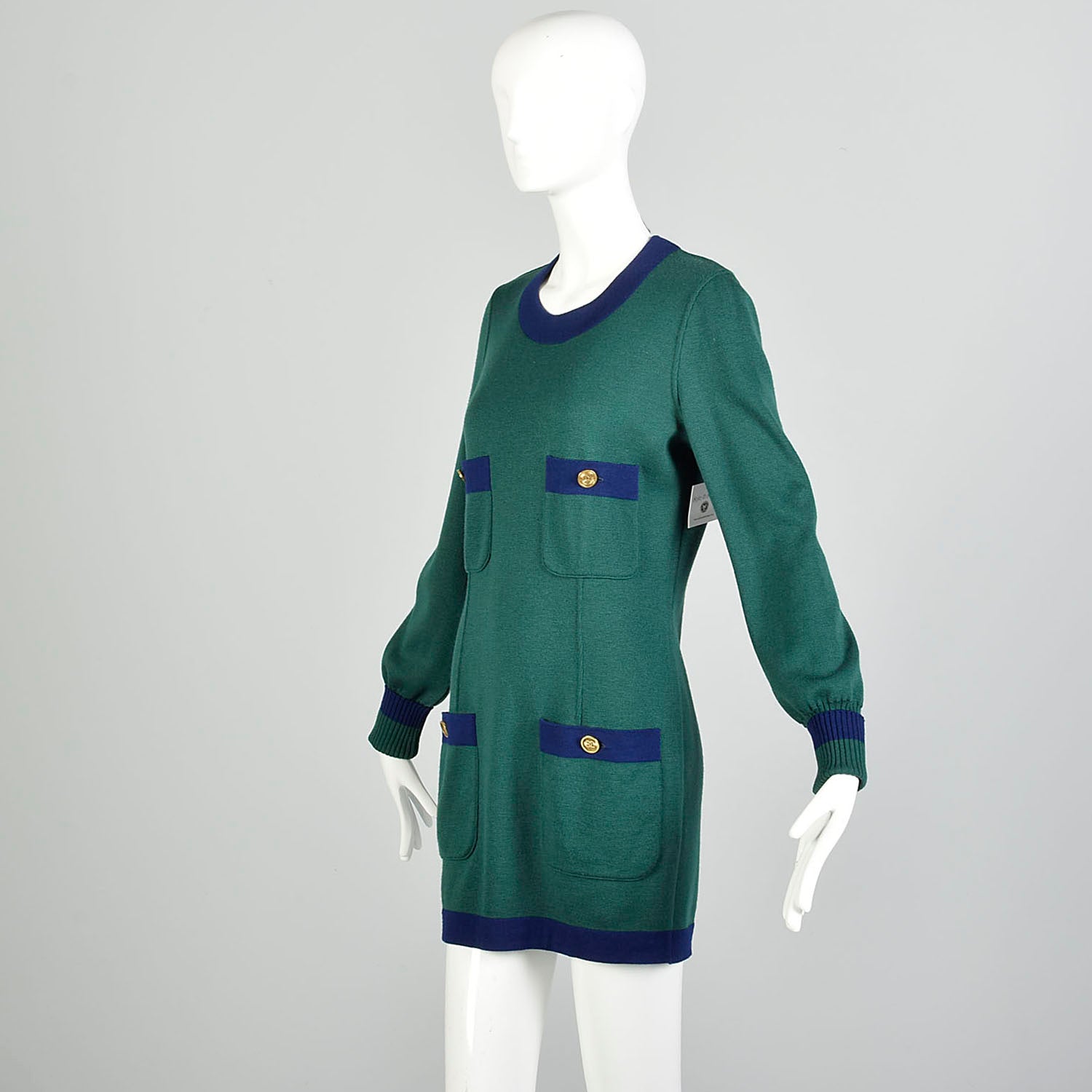 Chanel Boutique Autumn/Winter 1990/1991 Sweater Dress Green Navy Mini –  Style & Salvage