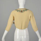 XS 1950s Beige Cropped Cardigan Sweater with Hand Embroidered Beading and Velvet Trim