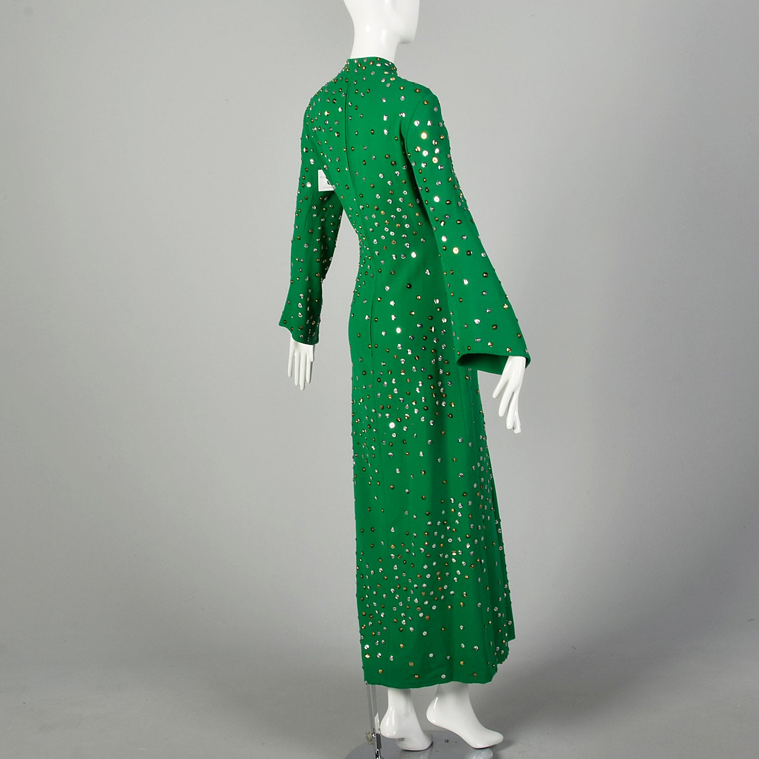 Large 1970s Pauline Trigere Dress Green Long Sleeve Formal Evening Gown Sequin