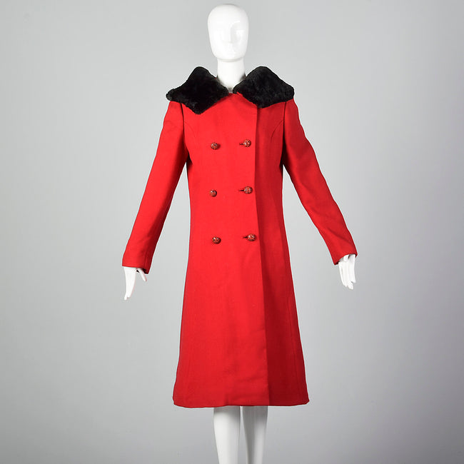 1960s Red Wool Coat with Sheared Fur Collar