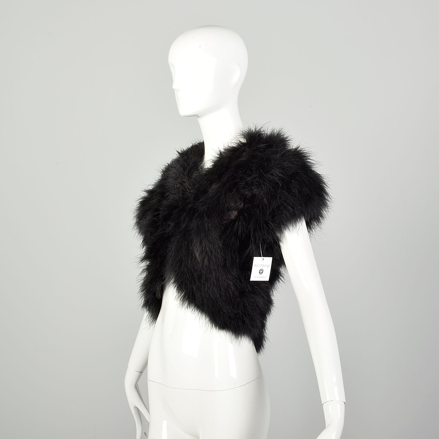 Small 1980s Black Marabou Feather Cropped Vest Embellished Shrug