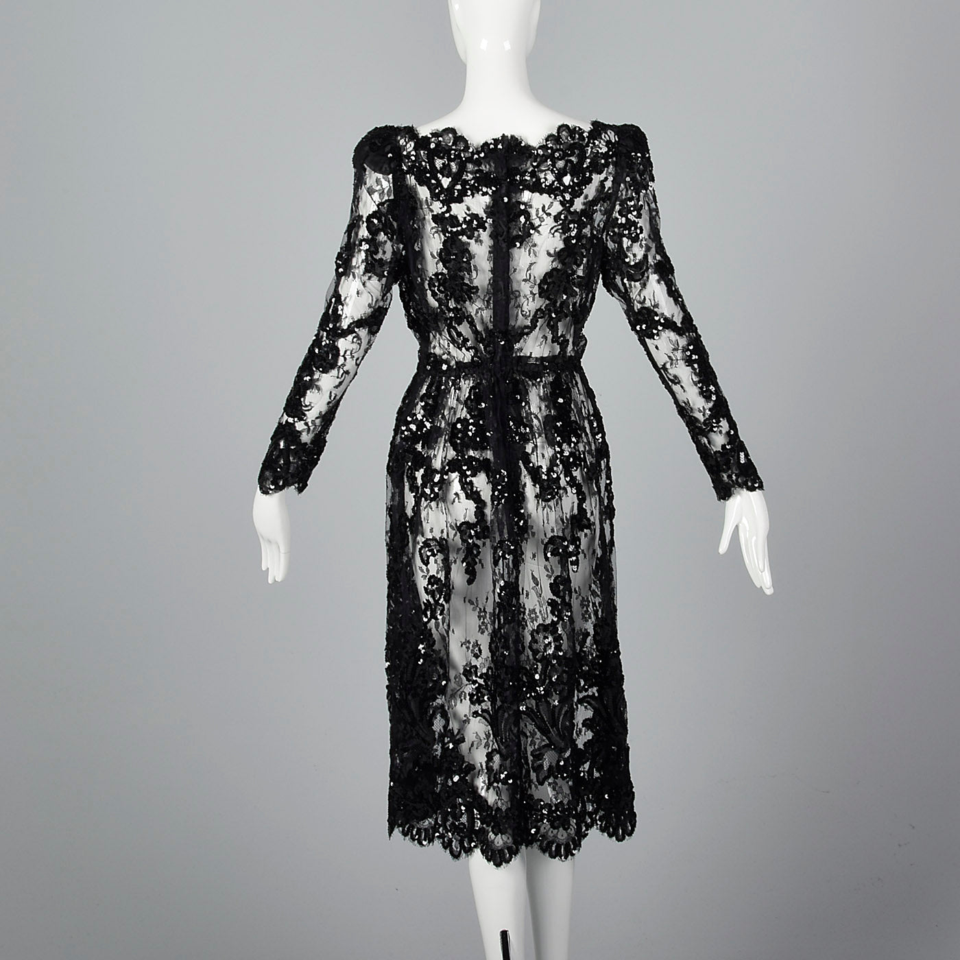 1980s Sheer Black Lace Dress with Sequins & Scalloped Hem
