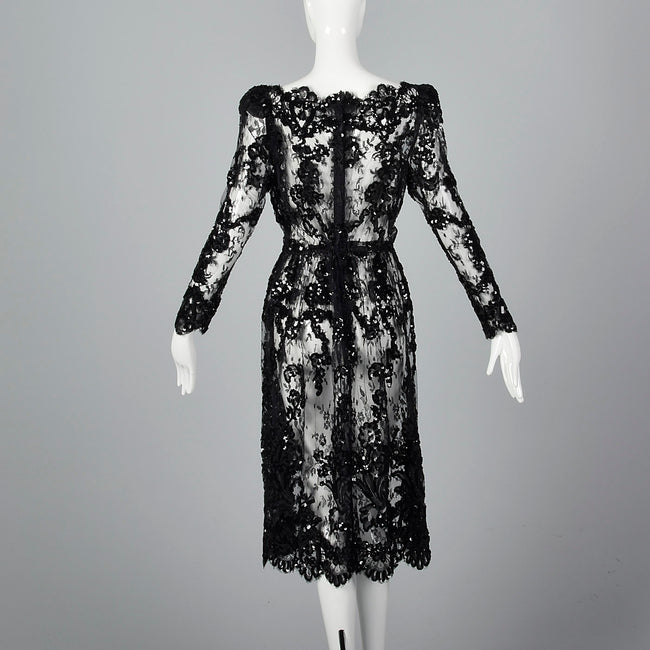 1980s Sheer Black Lace Dress with Sequins & Scalloped Hem