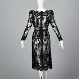 1980s Sheer Black Lace Dress with Sequins & Scalloped Hem