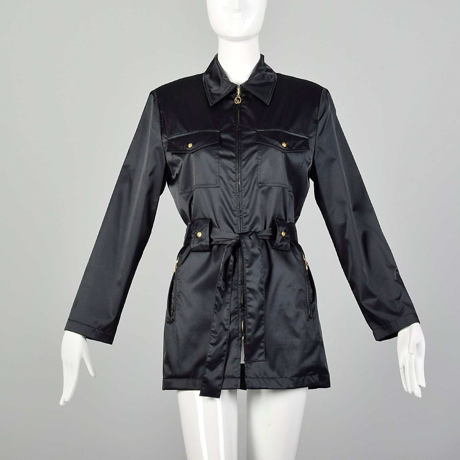 Small St John Sport Black Satin Mini Trench Coat