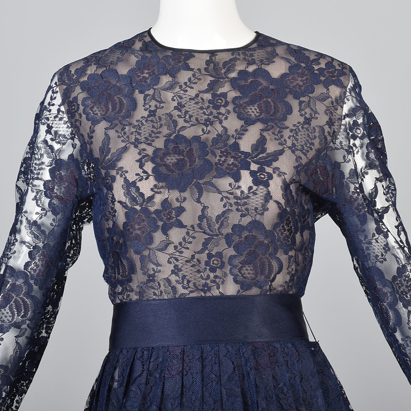 1970s Scaasi Boutique Navy Blue Formal Lace Evening Dress