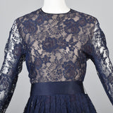 1970s Scaasi Boutique Navy Blue Formal Lace Evening Dress