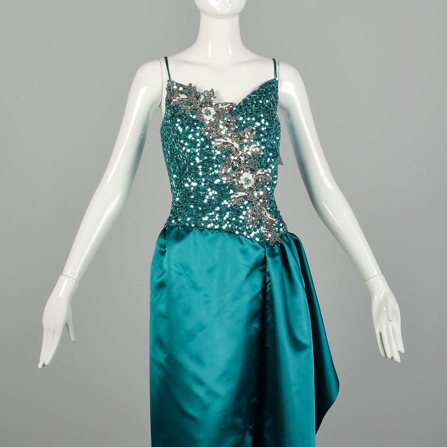 Small 1980s Mike Benet Teal Sequin Maxi Gown Formal