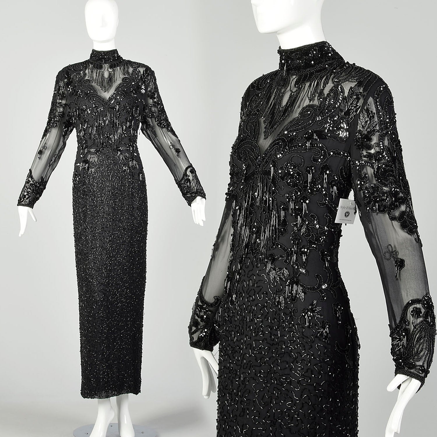 Medium D'ore Dress 1980s Silk Sexy Black Beaded Sheer Long Sleeve