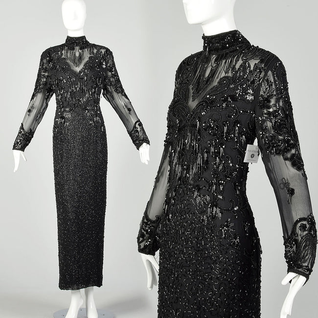 Medium D'ore Dress 1980s Silk Sexy Black Beaded Sheer Long Sleeve