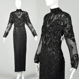 Medium D'ore Dress 1980s Silk Sexy Black Beaded Sheer Long Sleeve