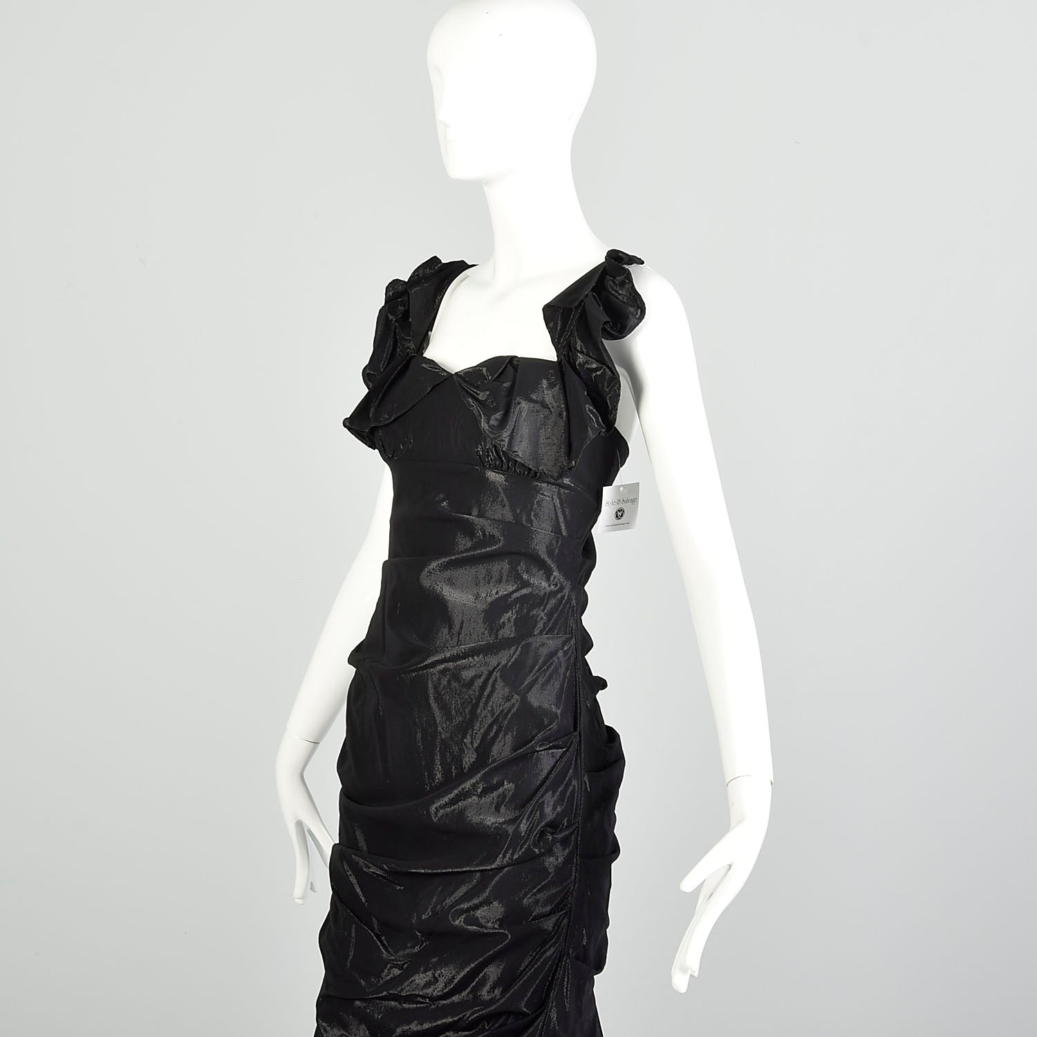 Small 2000s Nicole Miller Collection Shiny Black Lam Cocktail Party Ruffle Evening LBD Dress Small 2000s Nicole Miller Collection Shiny Black Lam Cocktail Party Ruffle Evening LBD Dress