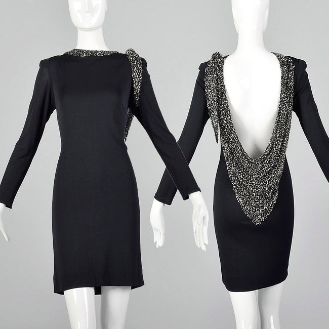 1970s Bob Mackie Black Dress with Low Cut Beaded Back