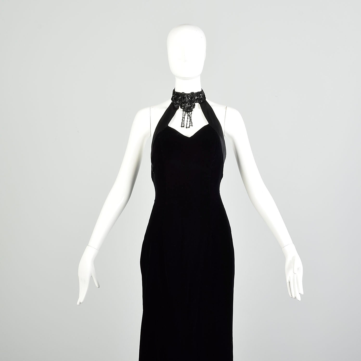 Small 1980s Black Velvet Mermaid Train Backless Formal Evening Gown Prom Dress
