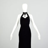 Small 1980s Black Velvet Mermaid Train Backless Formal Evening Gown Prom Dress