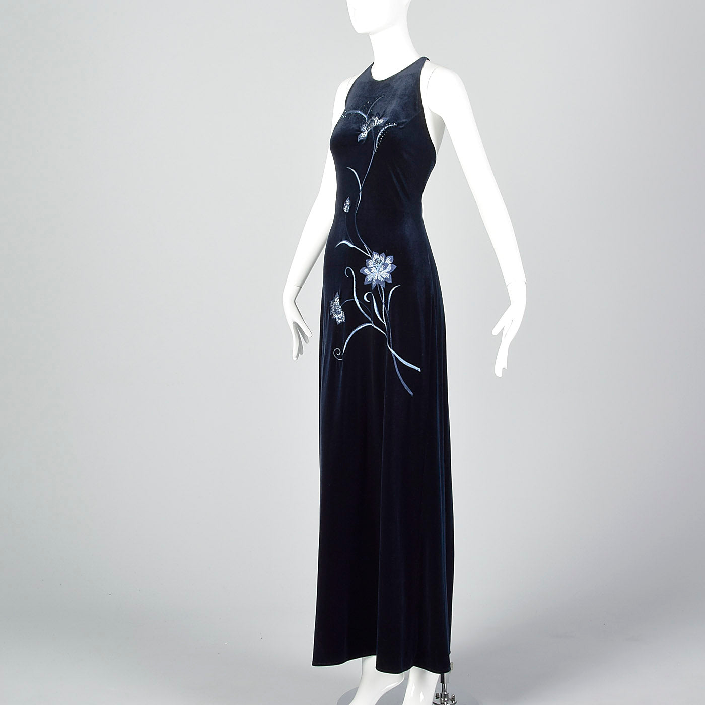 1990s Blue Velvet Evening Dress