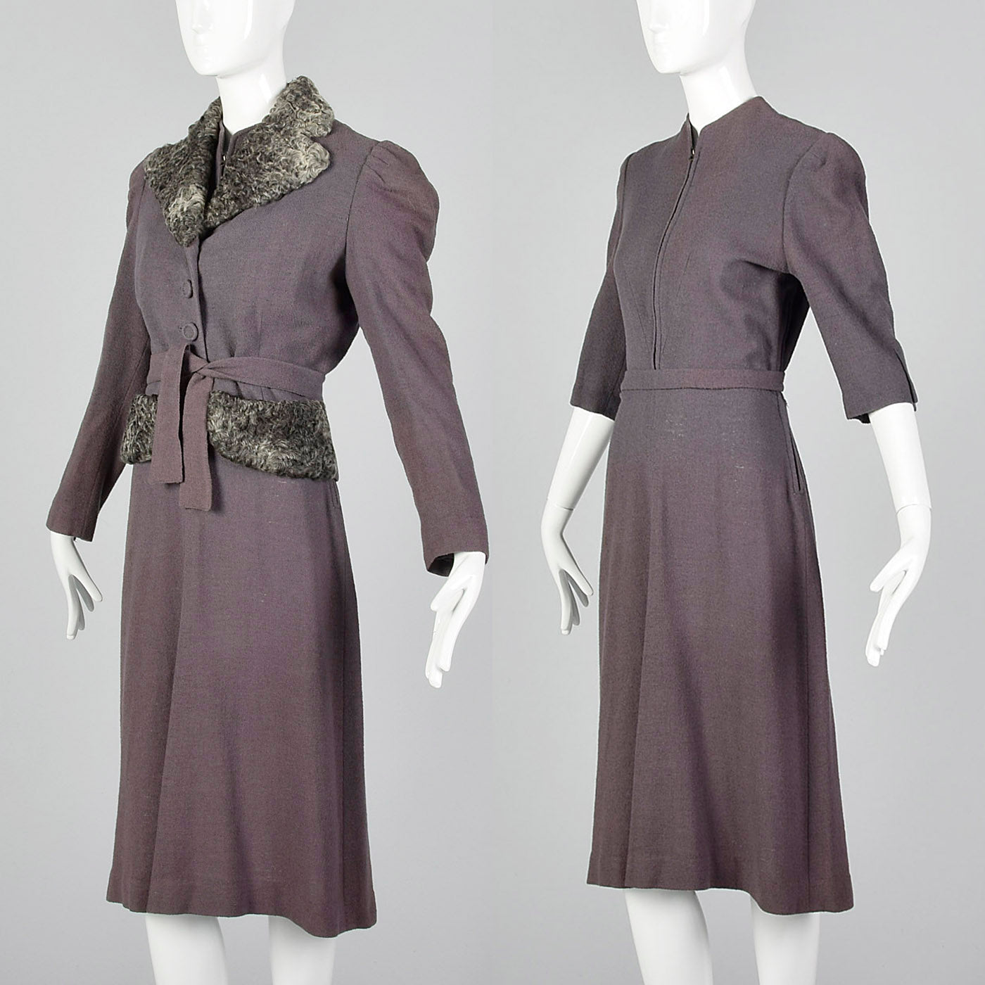 Small 1930s Gray Dress & Fur Trimmed Jacket Set