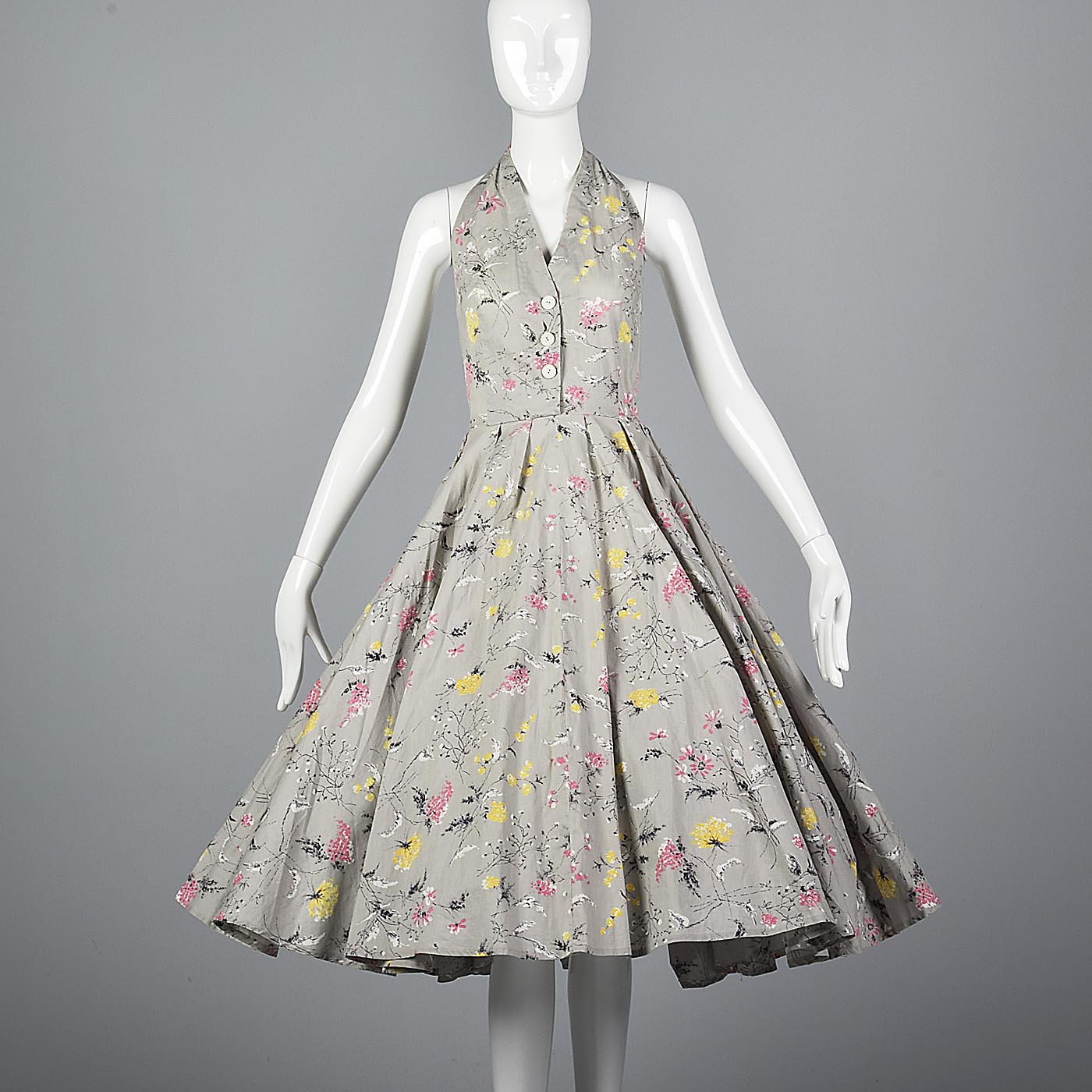 1950s Gray Floral Print Halter Dress with Full Circle Skirt