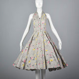 1950s Gray Floral Print Halter Dress with Full Circle Skirt