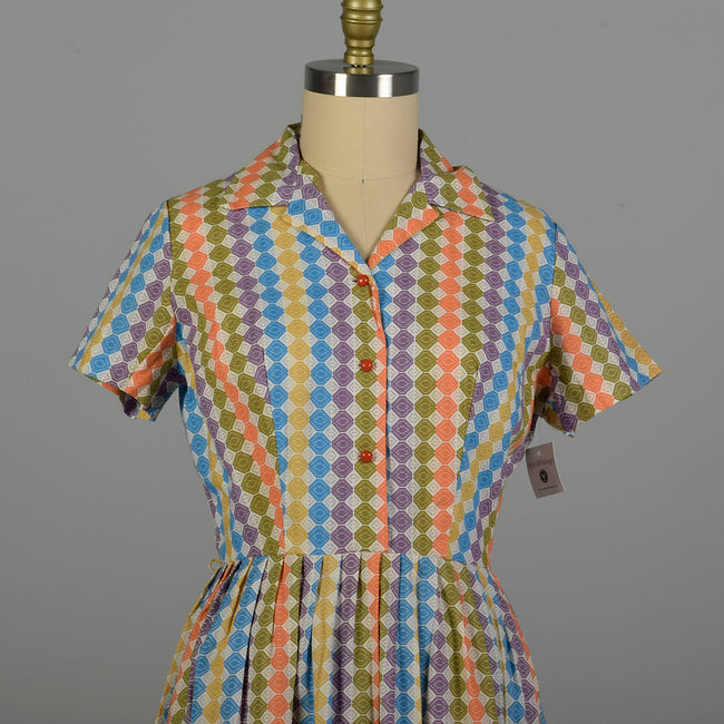 Large 1950s Cotton Day Dress with Colorful Print Shirtwaist